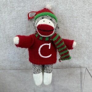 Christmas Sock Monkey Ornament Red Sweater Letter C Monogram Knit Holiday Decor